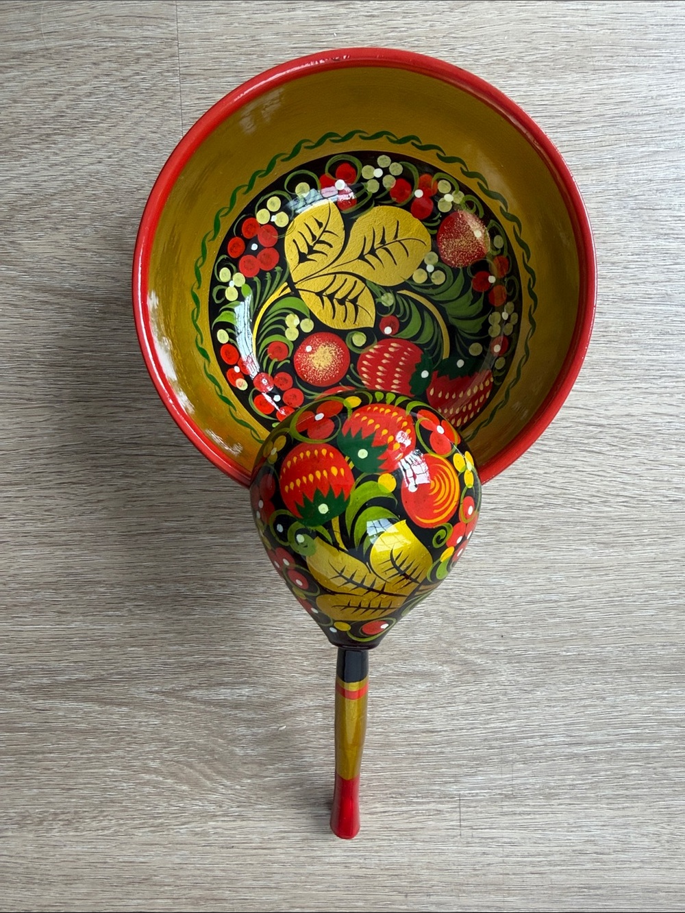 Russian Khokhloma Style Wooden Bowl & Spoon Set Folk Art Decor
